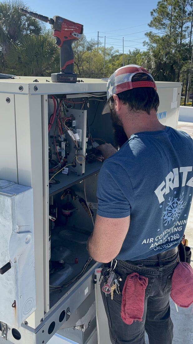 Fritz technician on a rooftop unit call